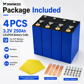 MWNKDS 4PCS 3.2V 250Ah LiFePO4 Battery Cells Aluminum Shell Lithium Iron Phosphate Rechargeable Cells For DIY 12V / 24V / 48V Battery Pack, Solar Energy Storage, RV, Marine & Backup Power