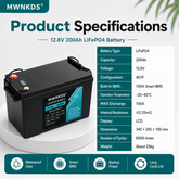 MWNKDS® 12.8V 200Ah LiFePO4 Battery Deep Cycle Lithium Iron Phosphate Battery for RV, Camper, Golf Cart, Off-Road, Solar and Backup Power