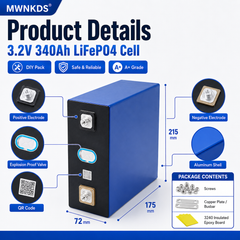 MWNKDS 4pcs 3.2V 340Ah LiFePO4 Battery Cell Grade A+ Lithium Phosphate Prismatic Cell | 10000 Cycles | DIY 12V / 24V / 48V Rechargeable Battery