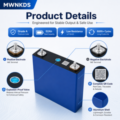MWNKDS 4PCS 3.2V 52Ah LiFePO4 Battery Cells Grade A Lithium Iron Phosphate Rechargeable Cells For DIY 12.8V / 25.6V / 51.2V / 102.4V Battery Pack, Solar Energy Storage & Household Energy Systems