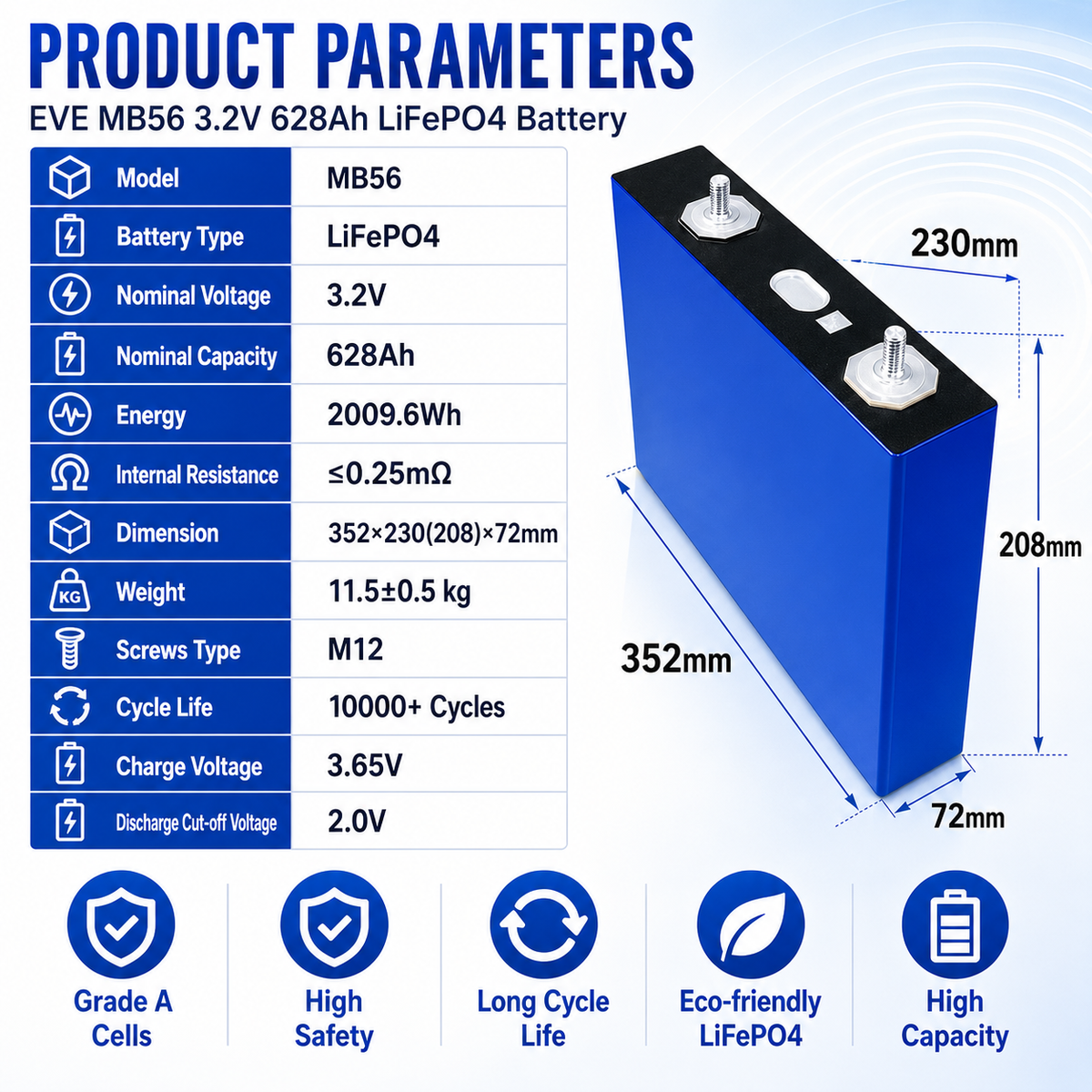 EVE MB56 3.2V 628Ah LiFePO4 Battery Cell Grade A Prismatic Cell | 10000+ Cycles | Perfect for Energy Storage