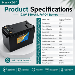 MWNKDS 12.8V 340Ah LiFePO4 Battery 4S1P Deep Cycle Lithium Iron Phosphate Battery For Campers, Golf Cart, Off-Road, Off-Grid Solar, Home Energy Storage & Backup Power