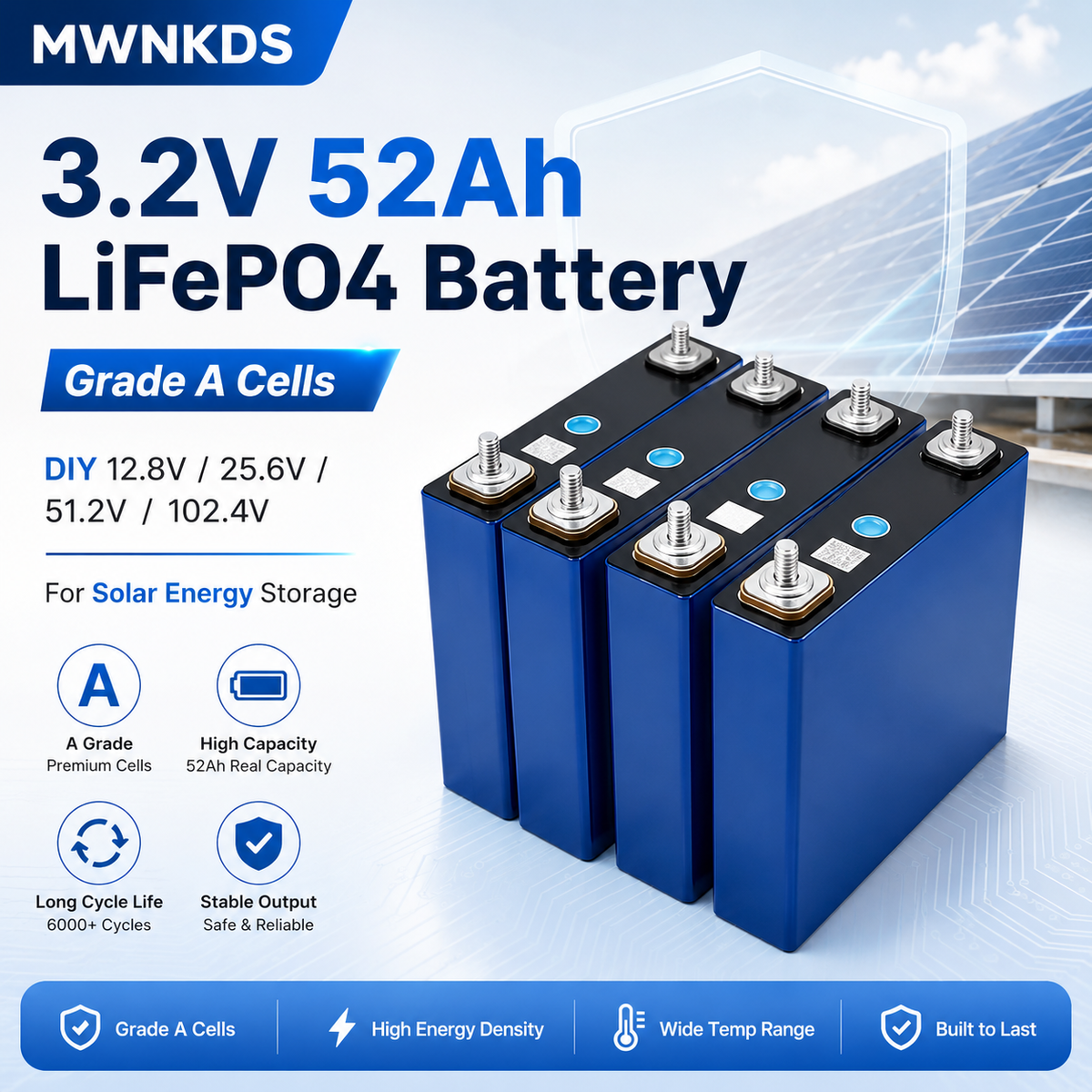 MWNKDS 4PCS 3.2V 52Ah LiFePO4 Battery Cells Grade A Lithium Iron Phosphate Rechargeable Cells For DIY 12.8V / 25.6V / 51.2V / 102.4V Battery Pack, Solar Energy Storage & Household Energy Systems