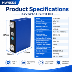 MWNKDS 4PCS 3.2V 52Ah LiFePO4 Battery Cells Grade A Lithium Iron Phosphate Rechargeable Cells For DIY 12.8V / 25.6V / 51.2V / 102.4V Battery Pack, Solar Energy Storage & Household Energy Systems