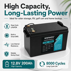 MWNKDS® 12.8V 200Ah LiFePO4 Battery Deep Cycle Lithium Iron Phosphate Battery for RV, Camper, Golf Cart, Off-Road, Solar and Backup Power