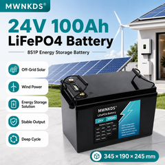 MWNKDS 24V 100Ah LiFePO4 Battery is a reliable lithium iron phosphate battery designed for solar energy storage, golf carts, touring cars, and off-grid power systems.
