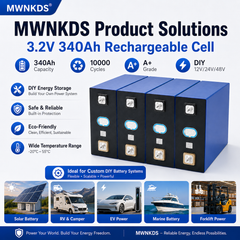 MWNKDS 4pcs 3.2V 340Ah LiFePO4 Battery Cell Grade A+ Lithium Phosphate Prismatic Cell | 10000 Cycles | DIY 12V / 24V / 48V Rechargeable Battery