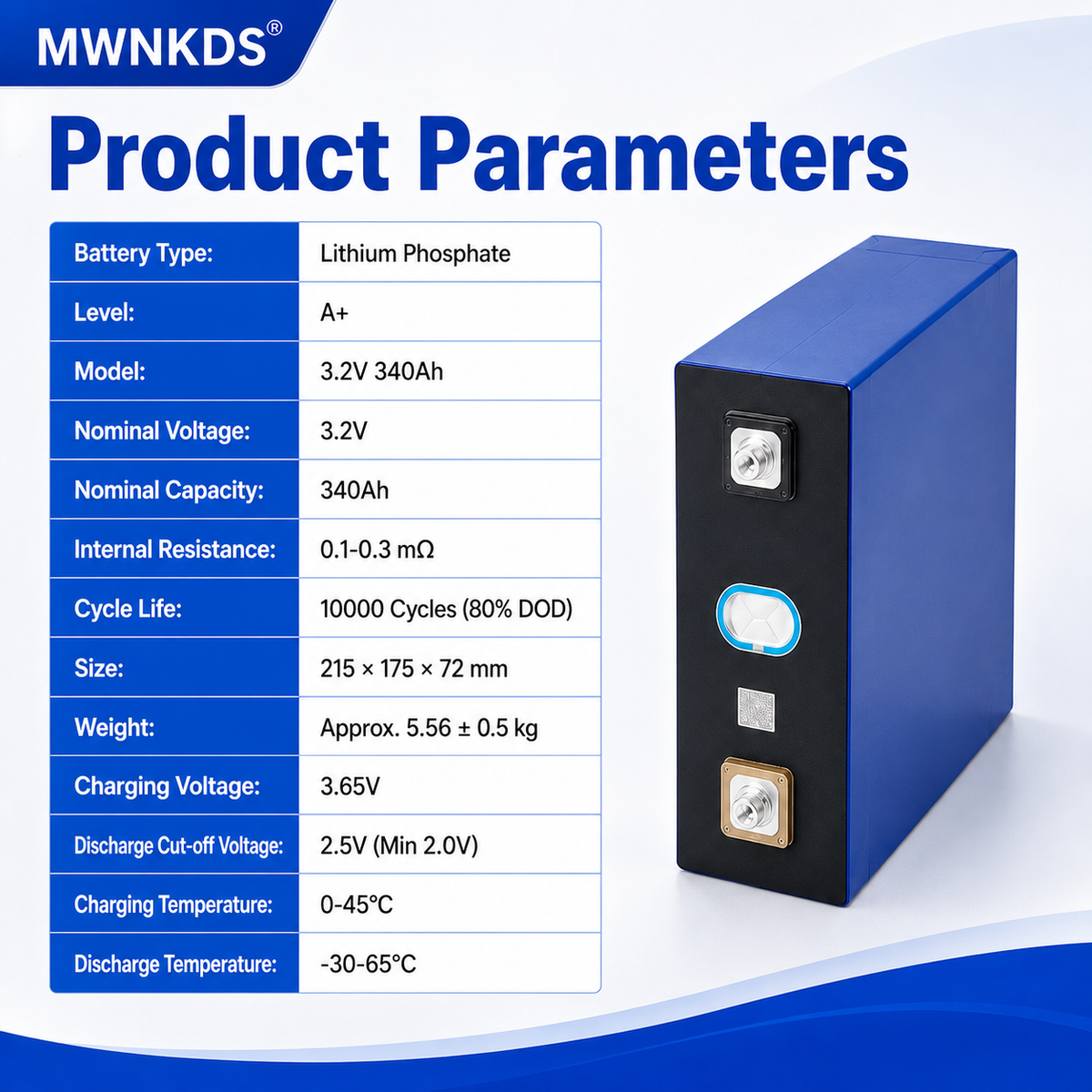 MWNKDS 4pcs 3.2V 340Ah LiFePO4 Battery Cell Grade A+ Lithium Phosphate Prismatic Cell | 10000 Cycles | DIY 12V / 24V / 48V Rechargeable Battery