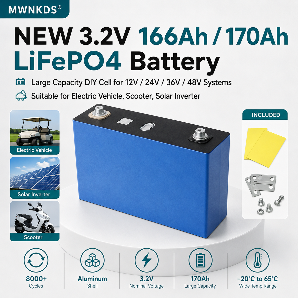 MWNKDS® 4pcs 3.2V 166Ah / 170Ah LiFePO4 Battery Cell Large Capacity DIY Prismatic Cell for Solar Energy Storage, EV, Scooter and Backup Power