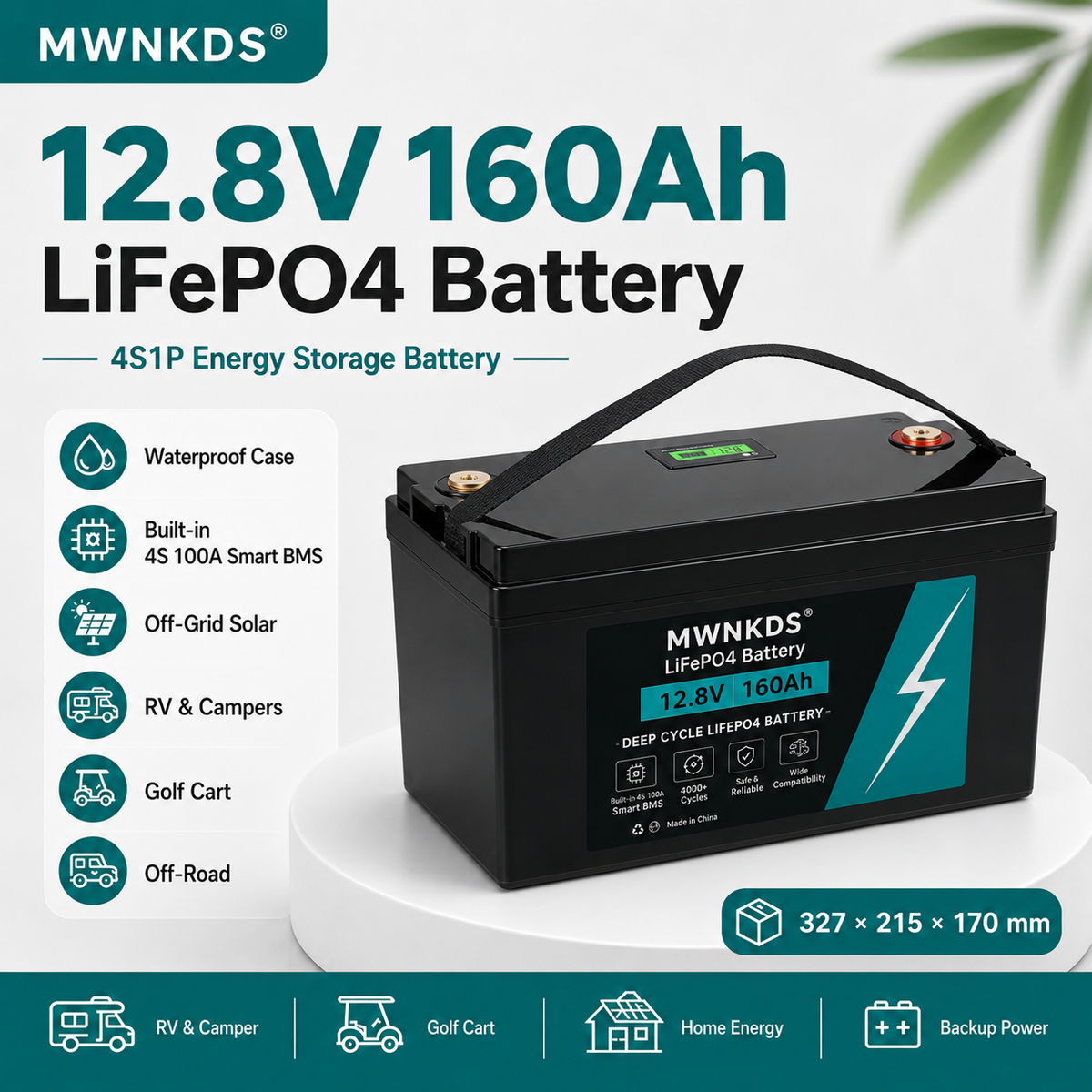 MWNKDS® 12.8V 160Ah LiFePO4 Battery Deep Cycle Lithium Iron Phosphate Battery for RV, Camper, Golf Cart, Off-Road, Off-Grid Solar and Backup Power
