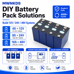 MWNKDS 4PCS 3.2V 150Ah LiFePO4 Battery Cell Lithium Iron Phosphate Rechargeable Cells for DIY Battery Pack, Solar Energy Storage, RV, Marine & Backup Power