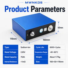 MWNKDS 2.95V 75Ah Sodium-Ion Battery Cell Grade A Rechargeable Sodium-Ion Cell | 6000+ Cycles | For Solar Energy Storage & DIY Battery Packs