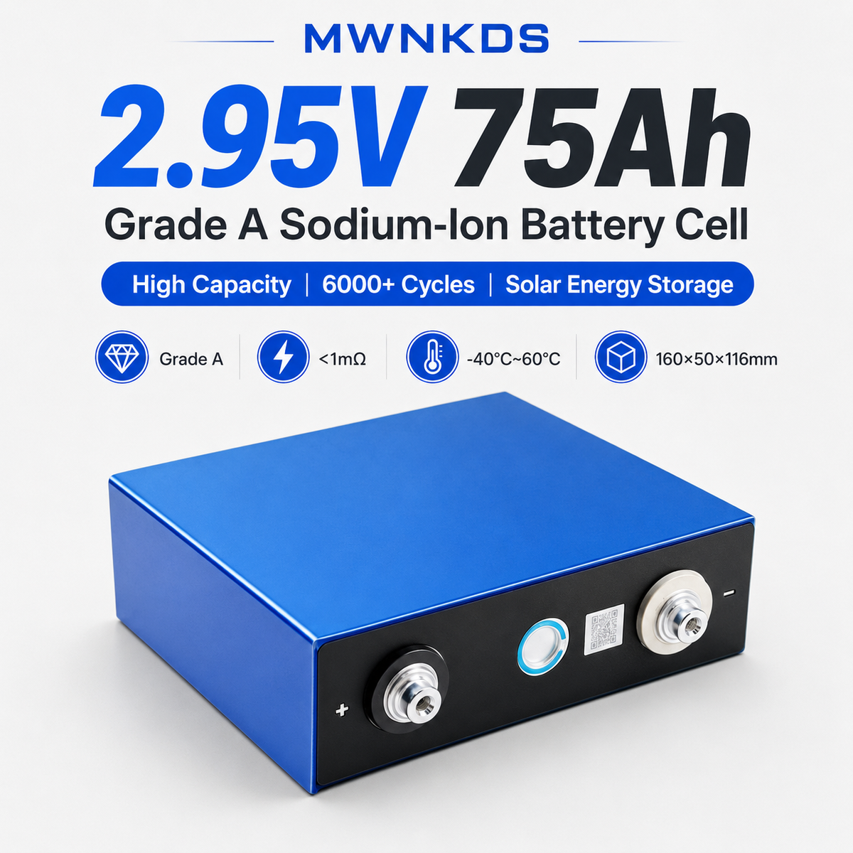 MWNKDS 2.95V 75Ah Sodium-Ion Battery Cell Grade A Rechargeable Sodium-Ion Cell | 6000+ Cycles | For Solar Energy Storage & DIY Battery Packs