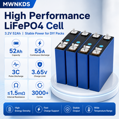 MWNKDS 4PCS 3.2V 52Ah LiFePO4 Battery Cells Grade A Lithium Iron Phosphate Rechargeable Cells For DIY 12.8V / 25.6V / 51.2V / 102.4V Battery Pack, Solar Energy Storage & Household Energy Systems