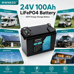 MWNKDS 24V 100Ah LiFePO4 Battery is a reliable lithium iron phosphate battery designed for solar energy storage, golf carts, touring cars, and off-grid power systems.