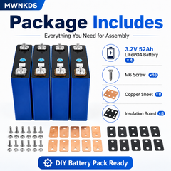 MWNKDS 4PCS 3.2V 52Ah LiFePO4 Battery Cells Grade A Lithium Iron Phosphate Rechargeable Cells For DIY 12.8V / 25.6V / 51.2V / 102.4V Battery Pack, Solar Energy Storage & Household Energy Systems