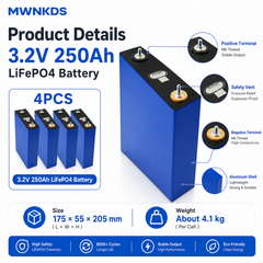 MWNKDS 4PCS 3.2V 250Ah LiFePO4 Battery Cells Aluminum Shell Lithium Iron Phosphate Rechargeable Cells For DIY 12V / 24V / 48V Battery Pack, Solar Energy Storage, RV, Marine & Backup Power