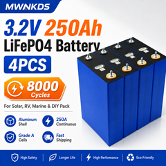 MWNKDS 4PCS 3.2V 250Ah LiFePO4 Battery Cells Aluminum Shell Lithium Iron Phosphate Rechargeable Cells For DIY 12V / 24V / 48V Battery Pack, Solar Energy Storage, RV, Marine & Backup Power