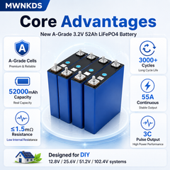 MWNKDS 4PCS 3.2V 52Ah LiFePO4 Battery Cells Grade A Lithium Iron Phosphate Rechargeable Cells For DIY 12.8V / 25.6V / 51.2V / 102.4V Battery Pack, Solar Energy Storage & Household Energy Systems
