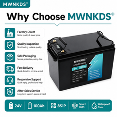 MWNKDS 24V 100Ah LiFePO4 Battery is a reliable lithium iron phosphate battery designed for solar energy storage, golf carts, touring cars, and off-grid power systems.