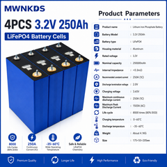 MWNKDS 4PCS 3.2V 250Ah LiFePO4 Battery Cells Aluminum Shell Lithium Iron Phosphate Rechargeable Cells For DIY 12V / 24V / 48V Battery Pack, Solar Energy Storage, RV, Marine & Backup Power