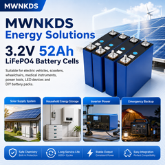 MWNKDS 4PCS 3.2V 52Ah LiFePO4 Battery Cells Grade A Lithium Iron Phosphate Rechargeable Cells For DIY 12.8V / 25.6V / 51.2V / 102.4V Battery Pack, Solar Energy Storage & Household Energy Systems