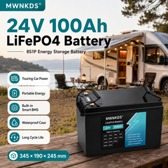 MWNKDS 24V 100Ah LiFePO4 Battery is a reliable lithium iron phosphate battery designed for solar energy storage, golf carts, touring cars, and off-grid power systems.