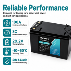 MWNKDS 24V 100Ah LiFePO4 Battery is a reliable lithium iron phosphate battery designed for solar energy storage, golf carts, touring cars, and off-grid power systems.