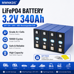 MWNKDS 4pcs 3.2V 340Ah LiFePO4 Battery Cell Grade A+ Lithium Phosphate Prismatic Cell | 10000 Cycles | DIY 12V / 24V / 48V Rechargeable Battery