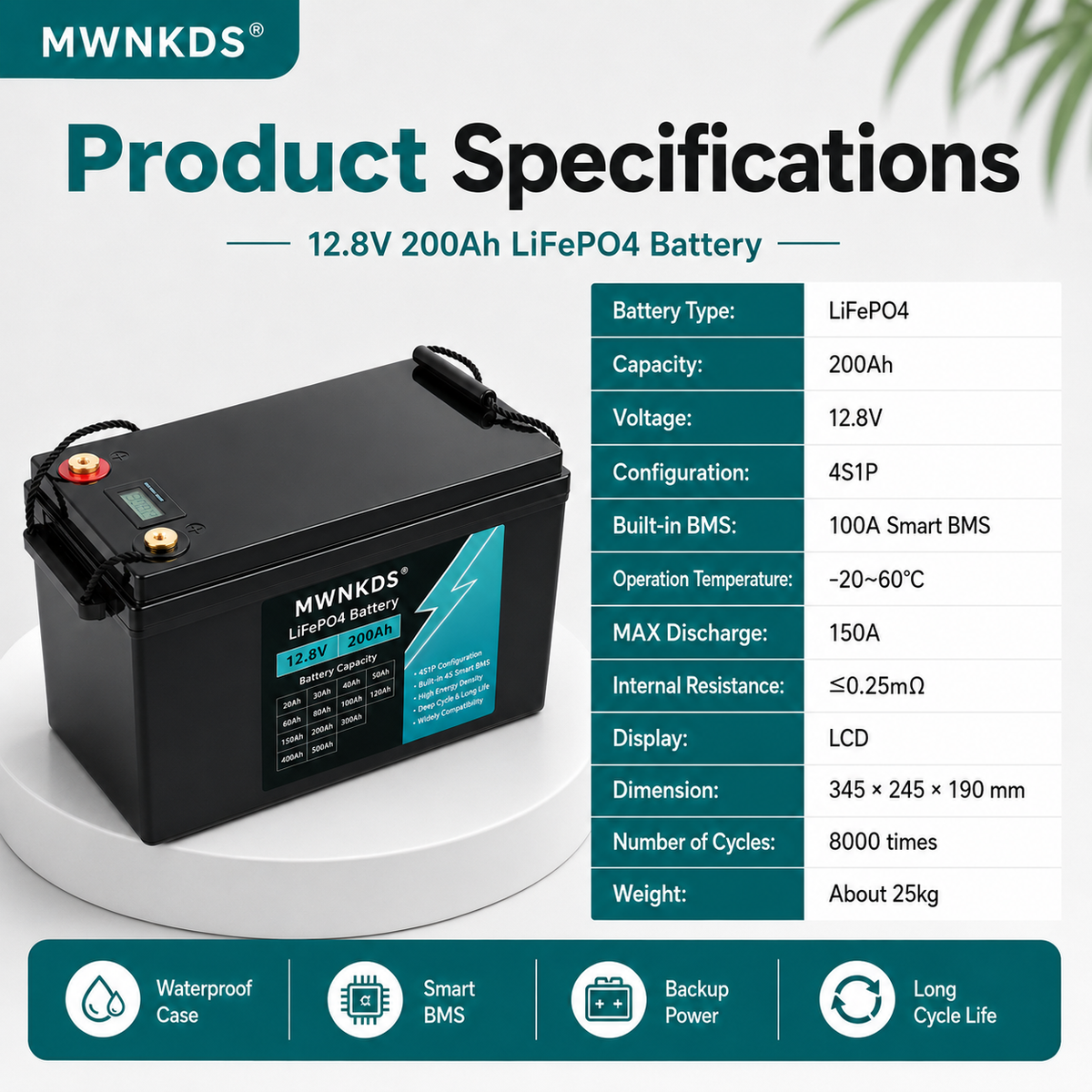 MWNKDS® 12.8V 200Ah LiFePO4 Battery Deep Cycle Lithium Iron Phosphate Battery for RV, Camper, Golf Cart, Off-Road, Solar and Backup Power