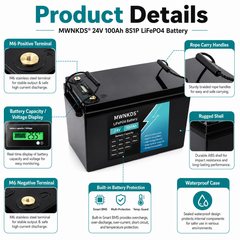 MWNKDS 24V 100Ah LiFePO4 Battery is a reliable lithium iron phosphate battery designed for solar energy storage, golf carts, touring cars, and off-grid power systems.