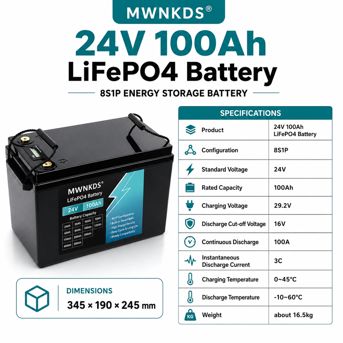 MWNKDS 24V 100Ah LiFePO4 Battery is a reliable lithium iron phosphate battery designed for solar energy storage, golf carts, touring cars, and off-grid power systems.