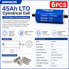 Yinlong 6pcs 2.3V 45Ah 66160K Lithium Titanate LTO Battery Long Life Cell 25,000 Cycle Life for Electric Boat Car Audio Solar