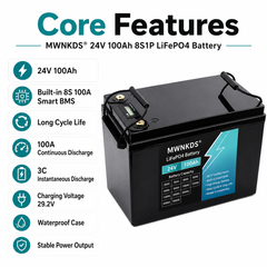 MWNKDS 24V 100Ah LiFePO4 Battery is a reliable lithium iron phosphate battery designed for solar energy storage, golf carts, touring cars, and off-grid power systems.