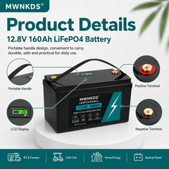 MWNKDS® 12.8V 160Ah LiFePO4 Battery Deep Cycle Lithium Iron Phosphate Battery for RV, Camper, Golf Cart, Off-Road, Off-Grid Solar and Backup Power