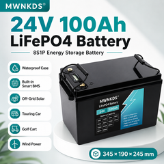 MWNKDS 24V 100Ah LiFePO4 Battery is a reliable lithium iron phosphate battery designed for solar energy storage, golf carts, touring cars, and off-grid power systems.
