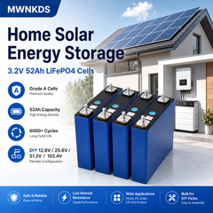 MWNKDS 4PCS 3.2V 52Ah LiFePO4 Battery Cells Grade A Lithium Iron Phosphate Rechargeable Cells For DIY 12.8V / 25.6V / 51.2V / 102.4V Battery Pack, Solar Energy Storage & Household Energy Systems