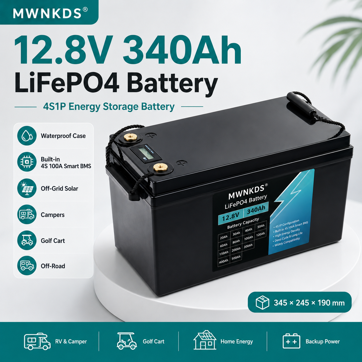 MWNKDS 12.8V 340Ah LiFePO4 Battery 4S1P Deep Cycle Lithium Iron Phosphate Battery For Campers, Golf Cart, Off-Road, Off-Grid Solar, Home Energy Storage & Backup Power