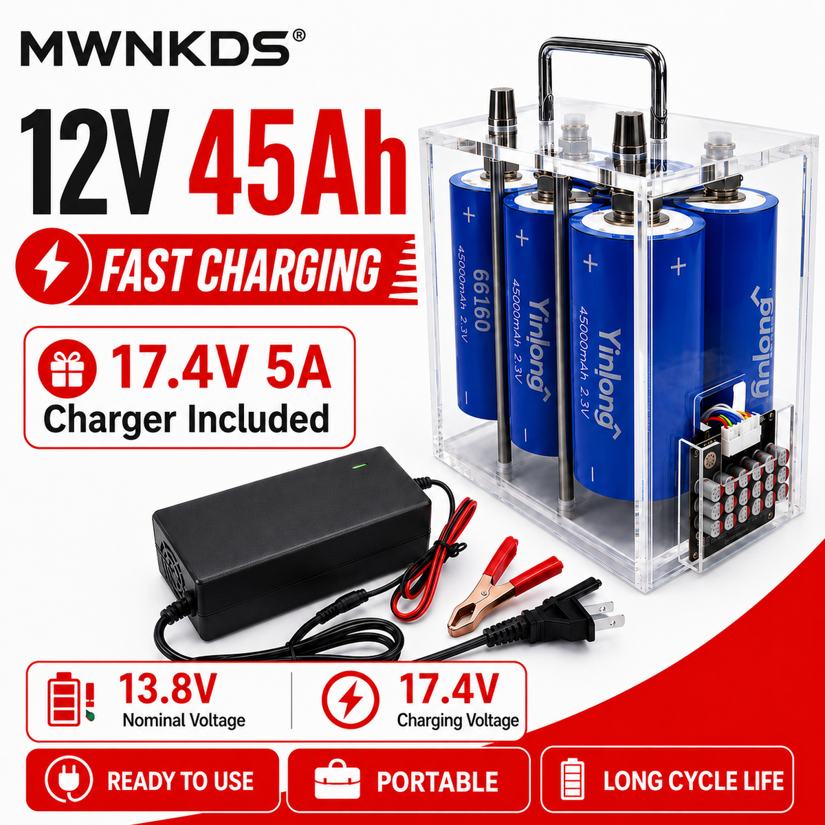 Yinlong 66160 6S1P Battery Pack | Transparent Portable Case | 17.4V 5A Charger Included For Car Start, Outdoor Power, RV, Marine, Solar Storage, Backup Power & DIY Projects