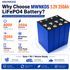 MWNKDS 4PCS 3.2V 250Ah LiFePO4 Battery Cells Aluminum Shell Lithium Iron Phosphate Rechargeable Cells For DIY 12V / 24V / 48V Battery Pack, Solar Energy Storage, RV, Marine & Backup Power